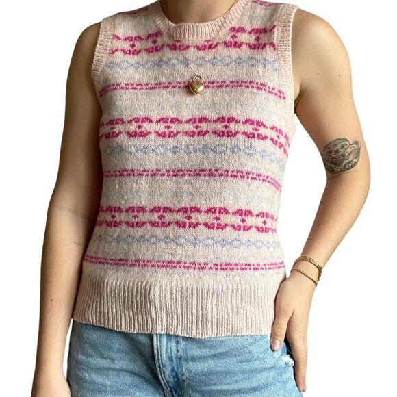 Vintage 80s Womens Hand Knit Pink Eagles Eye 100% Wool Preppy Sweater Vest Sz S - Picture 1 of 8